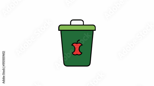 Green Trash Can With Red Apple Core Icon On White Background