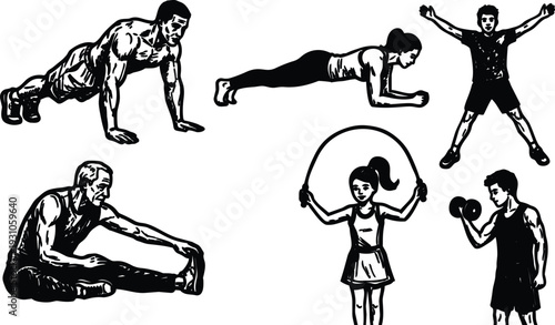 Line art fitness silhouettes showing push up plank jumping jack jump rope and dumbbell curl actions in dynamic energetic composition