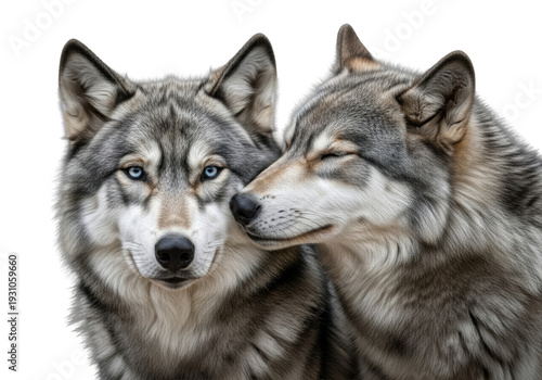 two adult grey wolves sharing a tender nuzzle, one with piercing blue eyes, isolated on a clean black background. dramatic rim lighting emphasizes texture and form. concept of deep wildlife bonding