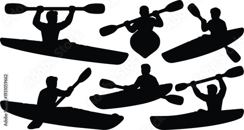 Flat silhouette kayak paddlers multiple angles action poses on white background vector sports illustration bold graphic high energy dynamic composition