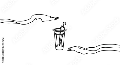 Minimalist Line Art: Hands Reaching for Umbrella in Water Glass