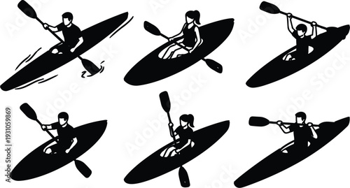 Vector kayak silhouette set six paddlers performing different paddle strokes top view and side angles with splash motion water sport