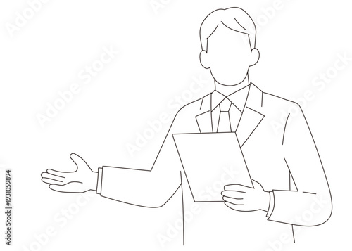 正面を向いて説明をしているビジネスマンの上半身のベクターイラスト