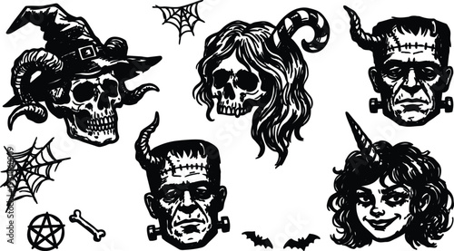 Tattoo flash skulls and spooky portraits with witch hat frankenstein and horned girl close up in black ink line art