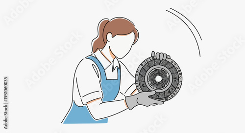 Mechanic Woman Holding Clutch Disc, Car Repair Service, Auto Mechanic Workshop
