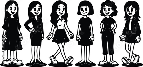 Retro cartoon lineup of six smiling girls in black and white with varied outfits poses expressions front view close crop