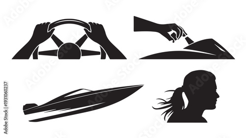 Vector Illustration Of Silhouette Icons For Speedboat And Female Driver For Water Sports And Adventure Concept