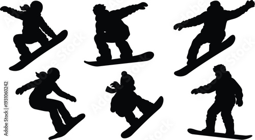 Silhouette snowboarders performing aerial tricks in multiple dynamic jumping poses side view on white background high contrast winter sport scene