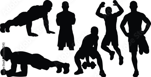 Vector silhouette fitness figures doing push ups plank dumbbell squat jump and stretch various exercise poses in studio lighting dynamic
