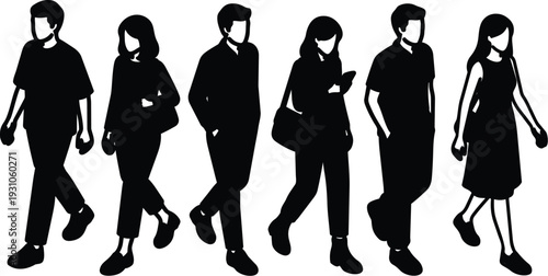 Minimalist vector silhouettes of six walking people side view casual clothing bags phone hands in pockets clean flat style urban