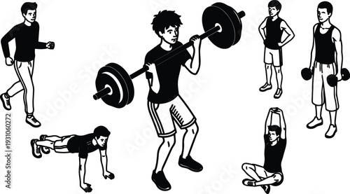 Line art barbell squat close up young man lifting weights surrounded by runner pushup stretcher and dumbbell lifter indoor training