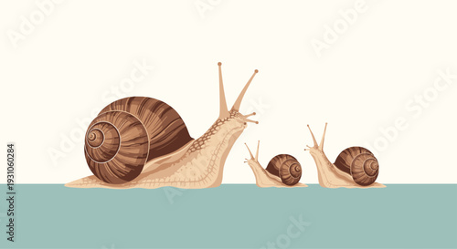 Row of three snails in different sizes crawling along a surface under a pale yellow sky for a slow and steady nature concept.