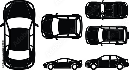 Flat design aerial and profile car silhouettes set showing sedan coupe suv pickup top and side views black minimal vector