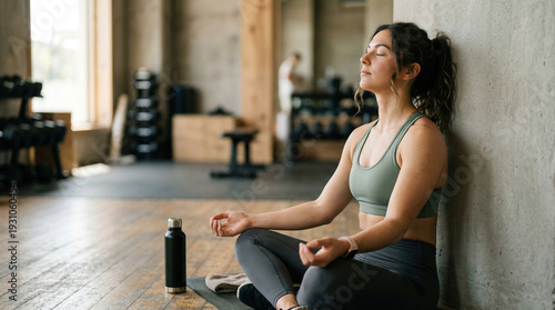 Young Athletic Woman Taking Deep Breath During Gym Break