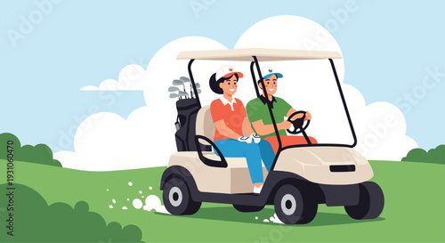 Happy couple enjoying a sunny day while driving a white golf cart on a beautiful green course with a bag of clubs.