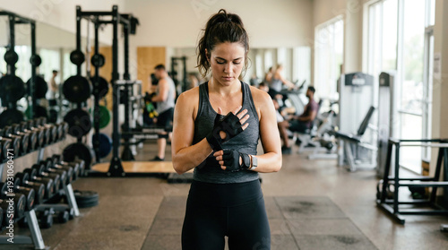 Young Woman Adjusting Training Gloves Between Exercises