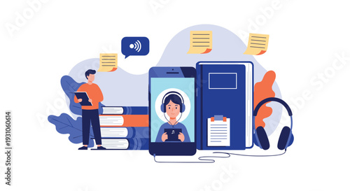 Diverse online learning elements including a smartphone showing a student with headphones, books, and tablets are displayed together.
