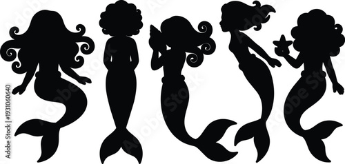 Flat design mermaid silhouette set five playful female tails side view varied poses with starfish prop curly long short profiles