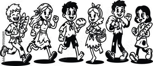 Retro cartoon line art close up of six happy ragged children walking carrying bread basket and looking forward in stride