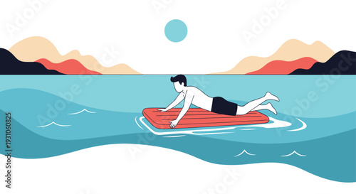Man relaxing on a red floating mat in calm turquoise water with a scenic landscape of distant mountains under a clear sky.