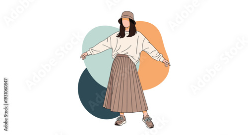 Stylish woman posing in a long pleated skirt, oversized sweater, and bucket hat against a modern abstract background.