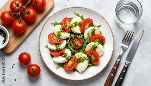 Fresh Caprese salad with mozzarella, tomatoes, and basil pesto on a white plate