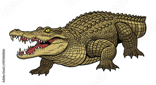 Powerful crocodile with its mouth open showing sharp teeth in a detailed illustration with scaly skin and strong claws.