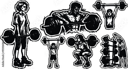 Tattoo flash ink sketch weightlifting sticker set showing men and women performing deadlift squat and overhead press close up front