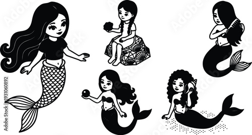 Tattoo flash mermaid vector set five cute girls in different poses holding shell comb pearl sitting on rock playful smiling