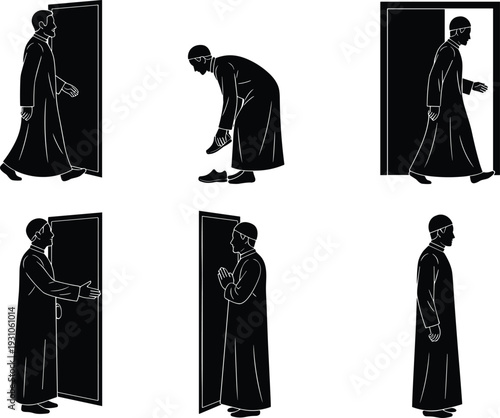 Person Entering or Exiting Door, Removing Shoes, and Interacting with Door in Black and White Silhouette Illustration