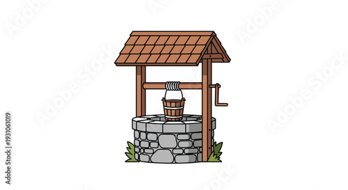Rustic stone water well with a wooden roof and a bucket hanging from a rope pulley system, isolated on white.