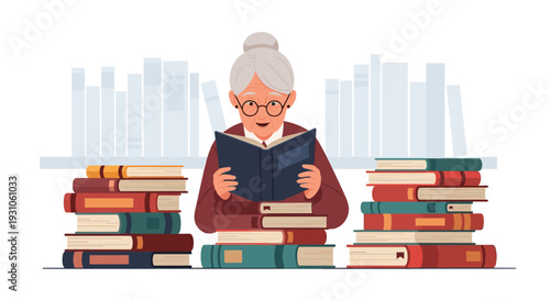 Kind elderly woman with grey hair reading a blue book while sitting behind several tall stacks of colorful books.