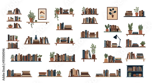 Comprehensive collection of various modern bookshelf designs filled with diverse books, plants, and home decor.