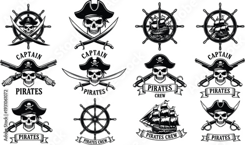 Set of vintage pirate emblems including skull and crossbones with sabers ship steering wheel and sailing vessels isolated on white background for nautical design