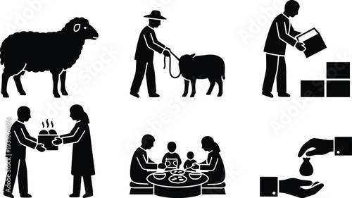 People Involved in Animal Care, Family Meals, and Sharing Food, with Focus on Farming, Generosity, and Family Bonding in Black and White Silhouettes