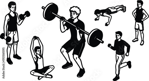 Line art gym workout scene man lifting barbell woman stretching man doing push up runner jogging with dumbbells standing spotter