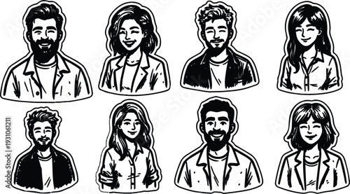 Hand drawn sticker style vector portrait set eight smiling people busts black and white sketchy line art casual clothing variants