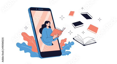 Imaginative conceptual illustration of a woman reading a book as it comes to life from a large smartphone screen.