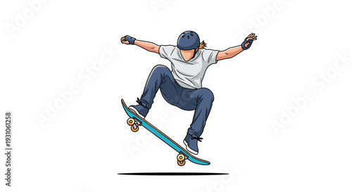 Skilled skateboarder performing an impressive mid air trick wearing a helmet and protective pads for safety.
