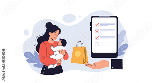 Caring mother holding her baby while checking off items on a digital grocery list using a tablet and shopping bag.