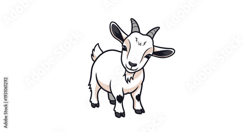 Charming illustration of a small white goat with little horns standing and looking forward on a white background.
