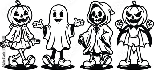 Retro cartoon 90s halloween kids in pumpkin ghost skeleton and bat costumes walking front view smiling black and white vector