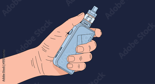 Close up of a human hand holding a sleek blue electronic cigarette or vape device against a dark blue background.