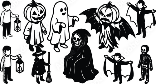 Flat black line art halloween characters pumpkin head ghost grim reaper vampire witch skeleton children with lanterns playful composition set