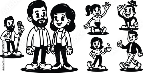 Retro cartoon vector close up smiling couple standing center with singer waving runner man tipping hat and woman holding coffee