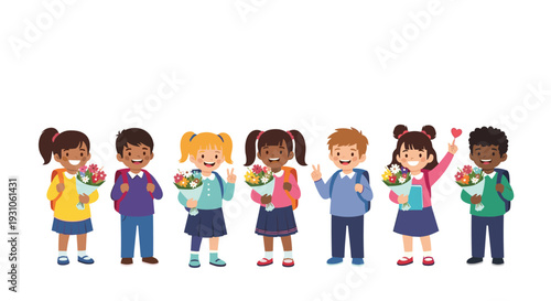 Diverse group of smiling school children in colorful uniforms holding bouquets of flowers for a special occasion.