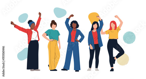 Group of diverse empowered women standing together with raised fists and confident poses for social equality.