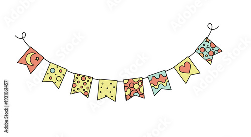Decorative party bunting flags string with various colorful patterns and symbols hanging on a white background.