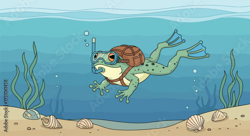 Funny illustration of a green frog wearing scuba gear and a backpack swimming underwater with seashells and kelp.