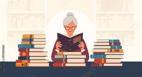 Focused senior woman with glasses reading a book at a desk with large piles of literature in a library setting.